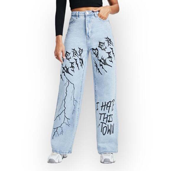 SHEIN Light Wash High Rise Wide Leg Graphic Jeans sz XS - Picture 16 of 16